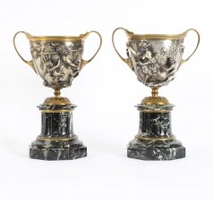 Antique Pair French Grand Tour Silvered Bronze Pedestal Urns C1860 19th C