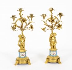 Antique Pair Sevres Bleu Celeste Porcelain & Ormolu Candelabra 19th C