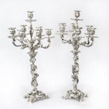 Antique Pair French Rococo Revival 7 Light Silver Plated Candelabra 