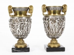 Antique Pair French Grand Tour Silvered Bronze Urns 19th C