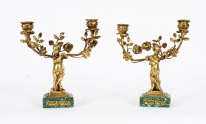 Antique Pair Russian Malachite & Gilt Bronze Candelabra 19th C