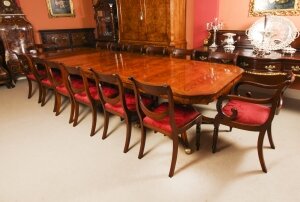 Vintage Brass Inlaid Twin Pillar Dining Table & 14 Swag back Chairs 20th C