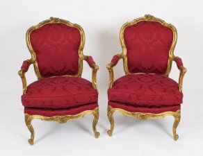 Antique Pair of Louis XV Revival Giltwood Armchairs 19 Century