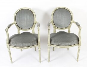 Antique Pair French Louis XVI Revival Painted Armchairs Early 20th Century