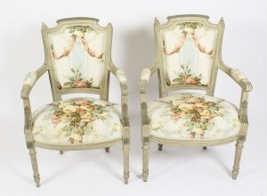 Antique Pair French Louis XVI Revival Painted Fauteuil Armchairs 19th Century