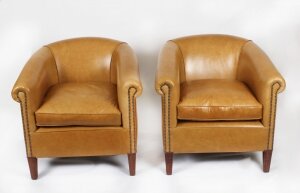 Bespoke Pair English Handmade Amsterdam Leather Arm Chairs Buckskin