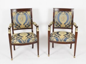 Antique Pair French Empire Revival Ormolu Mounted Armchairs C1870 19th C