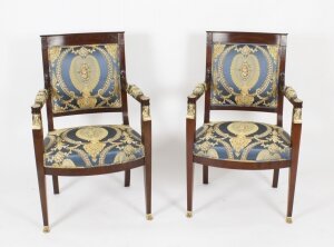 Antique Pair French Empire Revival Ormolu Mounted Armchairs C1870 19th C