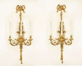 Antique Monumental Pair 4ft Ormolu Three Branch Wall Lights Appliques 19th C