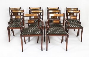 Vintage Set 10 Regency Revival Brass Inlaid Bar Back Dining Chairs 20th C