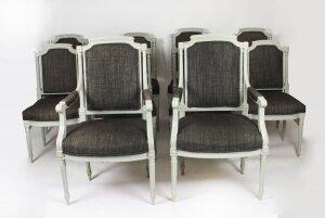 Vintage Set 10 Louis XVI Revival Blue Grey Painted Dining Chairs 20th C