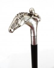 Antique Sterling Silver Horse & Jockey Walking Cane Stick 19th C