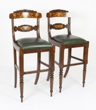 Bespoke Pair Walnut Marquetry Leather Bar Stools