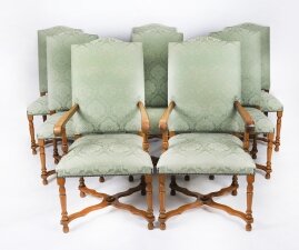 Vintage Set 8 Upholstered High Back Oak Dining Chairs 20th C