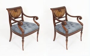 Vintage Pair Regency Revival Rattan Back Armchairs 20th C