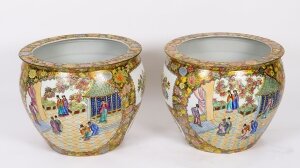 Vintage Pair Qing Dynasty Canton Famille Rose Chinese Vases 20th C