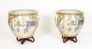 Vintage Pair Qing Dynasty Canton Famille Rose Chinese Vases on Stands 20th C