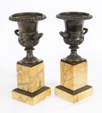 Antique Pair Grand Tour Borghese Bronze & Siena Marble Campana Urns 19th C