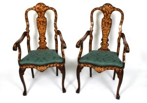 Antique Pair Dutch Marquetry Walnut High Back Armchairs Late 18th C