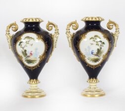 Antique Pair Coalport Vases Cobalt Blue by A Perry 19th C