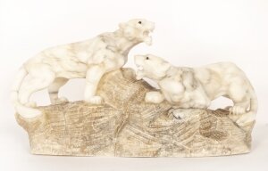 Antique Art Deco Alabaster Sculpture of a Pair of Lioness C1920