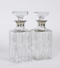 Vintage Pair of Cut Crystal Glass Silver Mounted Decanters London,1966