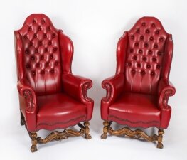Antique Pair Crimson Leather Chippendale Wingback Throne Armchairs 