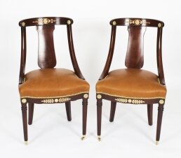 Antique Pair Empire Revival Ormolu Mounted Fauteuil Chairs C1880 19th C