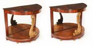 Antique Pair Italian Flame Mahogany Giltwood Dolphin Console Tables 19th C