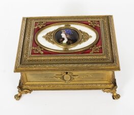 Antique Gilt Bronze Jewellery Casket & Limoges Miniature 19th Century