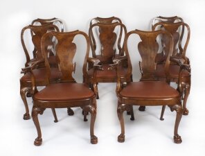 Vintage Set 8 Queen Anne Revival Burr Walnut Dining Chairs 20th Century