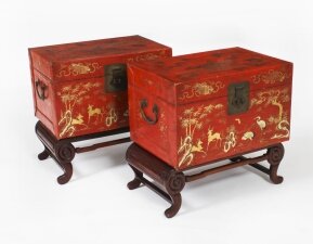 Antique Pair Chineses Red Lacquered Leather Chinoiserie Trunks 19th C