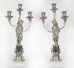 Antique Pair Silver Plated Three Light Cherub Figural Candelabra Circa 1880