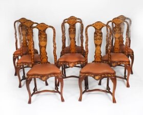Antique Set 8 Dutch Marquetry Walnut High Back Dining Chairs Late 18th C