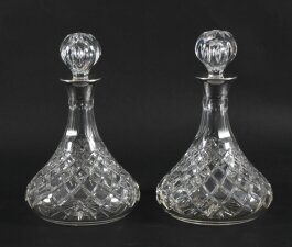 Vintage Pair of Cut Crystal Glass Silver Mounted Decanters Birmingham 1972