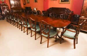Vintage 17ft Four Pillar Mahogany Dining Table & 18 Federal Chairs 20th C