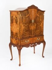 Antique Burr Walnut Queen Anne Cocktail Cabinet Drinks Dry Bar Circa 1930