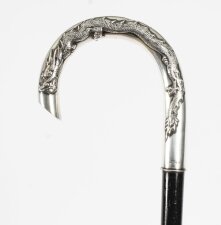 Antique Chinese Silver Walking Stick Cane Dragon Handle 19th C 92cm 36inches
