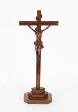 Antique 2ft French Box Wood Corpus Christi Olive Wood Cross & Base 17th C