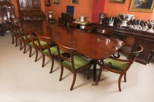 Antique 13ft Regency Triple Pillar Dining Table 19th C & 12 Chairs 20th C