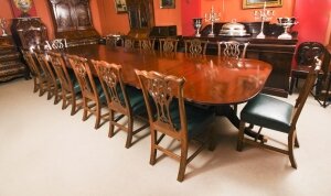 Antique 15 ft George III Style Triple pillar dining table C1920 & 14 chairs