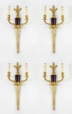 Antique Set 4 Ormolu and Veined Rouge Marble Twin Branch Wall Lights 20th C