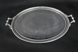 Antique Monumental Victorian Oval Silver Plated Tray 1880 19th Century