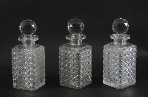 Antique Set of Three Edwardian Hobnail Cut Crystal Decanters C1900