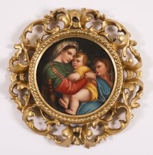 Antique Porcelain Plaque & 34 Madonna Della Seggiola& 34 in Florentine Frame 19th C