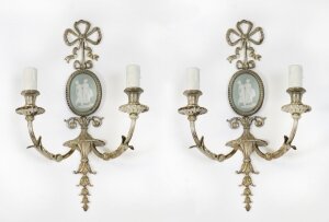 Antique Pair Silver Plate Jasperware twin branch wall lights sconces C1900