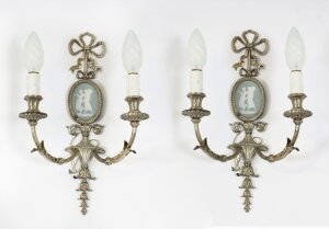 Antique Pair Silver Plated Jasperware two branch wall lights sconces