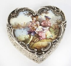 Antique Continental Silver & Enamel Heart Pill Box 20th C