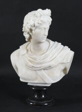 Antique Italian Alabaster Marble Bust of Greek God Apollo Belvedere 19th Century