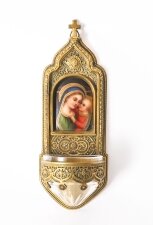 Antique Gilt Bronze & Enamel Holy Water Font Stoop & Cut crystal font 19thC